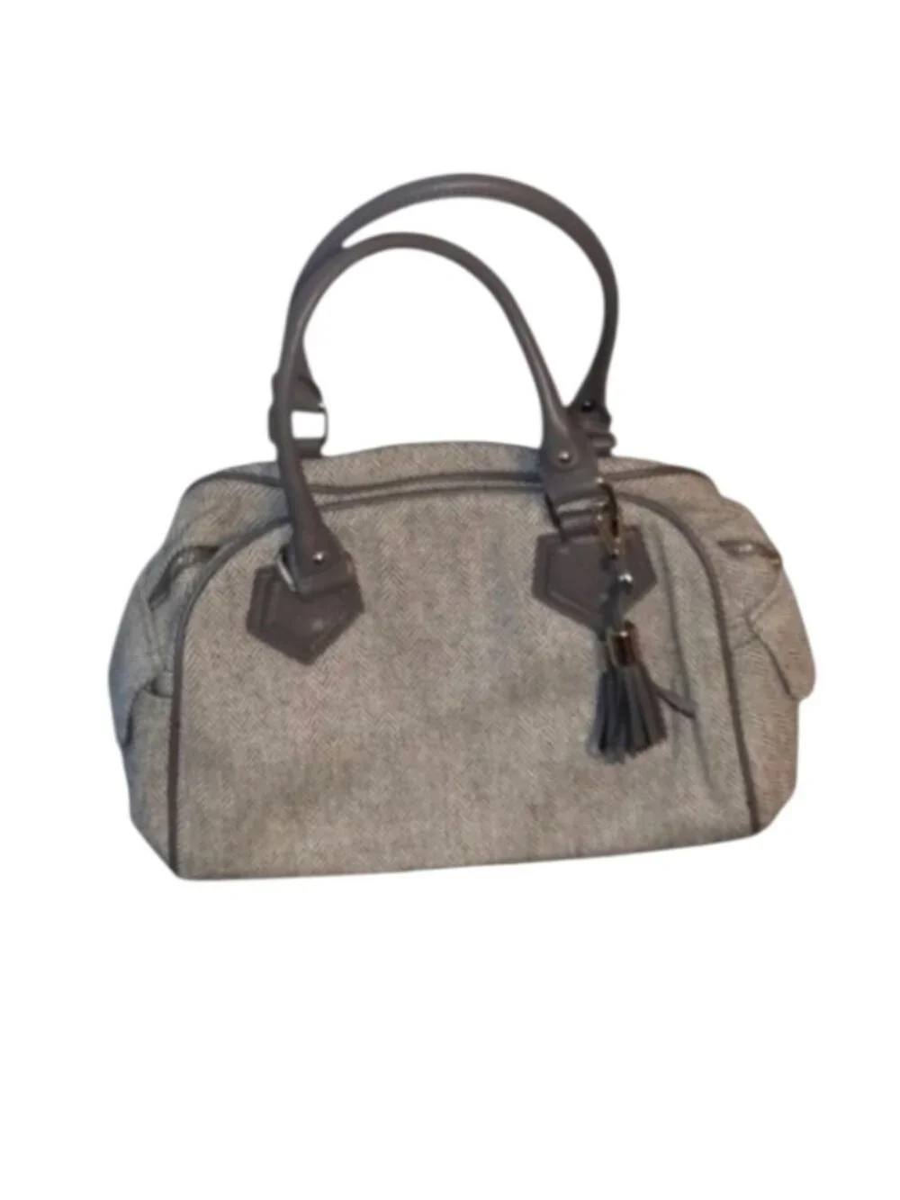 Cato Herringbone Satchel Handbag Purse with Tassel Preppy Neutral